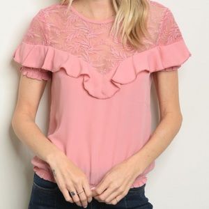 Pink Short Sleeve High Neck Ruffled Mesh Blouse